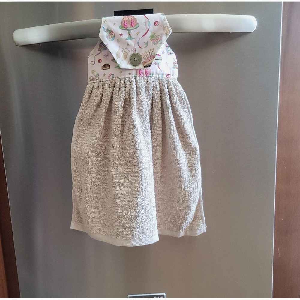 Handmade Hanging Kitchen Towel Celebration Cake Print Tan Pink Oven Door Towel